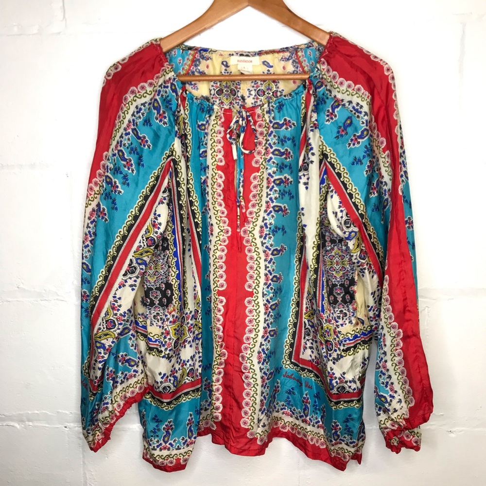 Johnny Was for Sundance Women's Large 100% Silk Boho Blouse Top